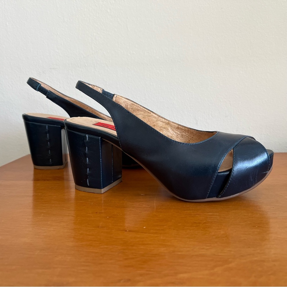 Miz Mooz 1970s Style Indigo Blue Valerie Slingback With Block Heel And Peep Toe